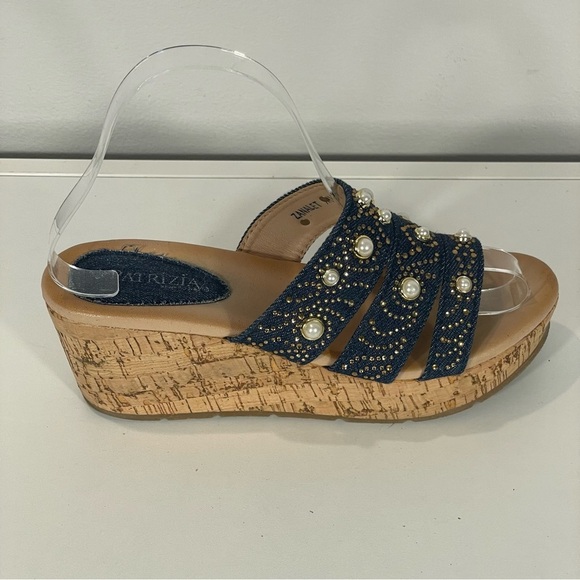 Patrizia By Spring Step Denim Pearl Gold Stud Embellish Cork Wedge Sandal Sz 38 - Picture 4 of 11
